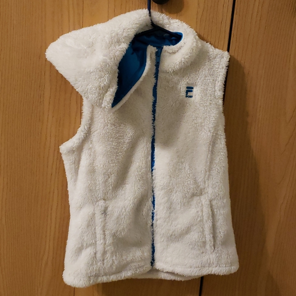 White furry vest with hood